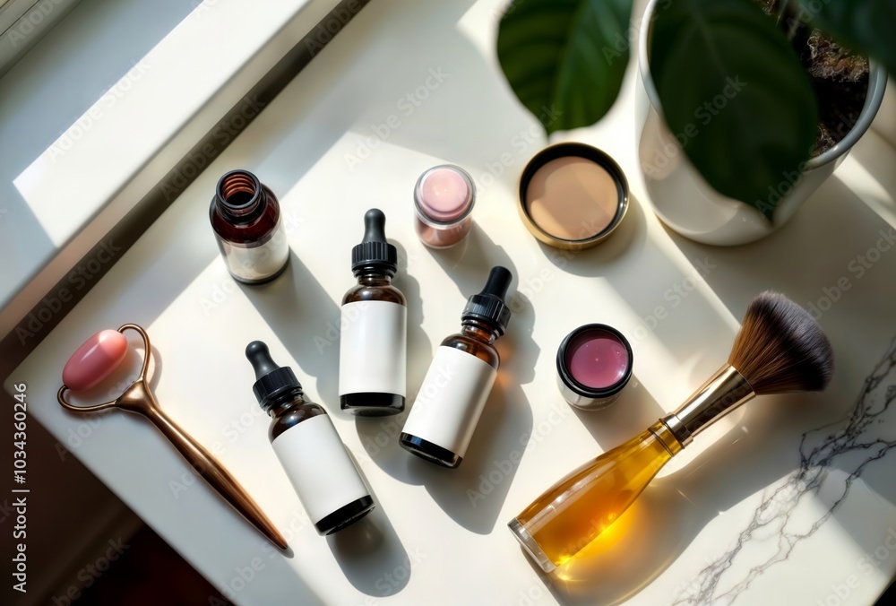 Beauty Products. Flatlay of skincare and makeup items on white marble surface.
