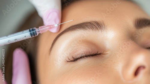 Aesthetic treatment in progress as a professional injects filler beneath the eyebrow of a relaxed client in a beauty clinic setting, botox cosmetology, wrinkle removal