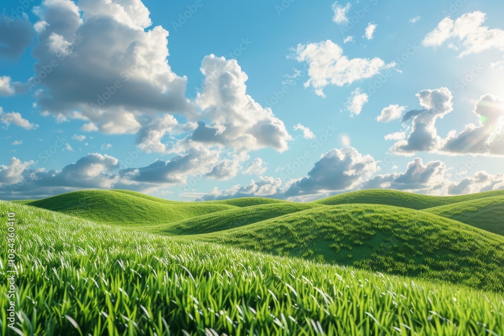 Rolling green hills stretch towards a bright blue sky filled with fluffy clouds, creating a peaceful and picturesque setting in nature. Rolling green hills stretch towards a bright blue sky filled with fluffy clouds, creating a peaceful and picturesque setting in nature.