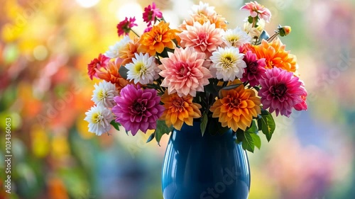 Wallpaper Mural A colorful bouquet of dahlias sits in a blue vase against a blurred background of autumn colors Torontodigital.ca