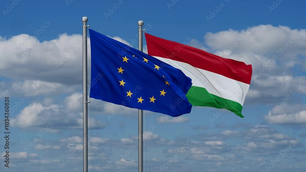 Hungary and European Union flags flying together, video concept of the relationship, two country relations concept Hungary and European Union flags flying together, video concept of the relationship, two country relations concept