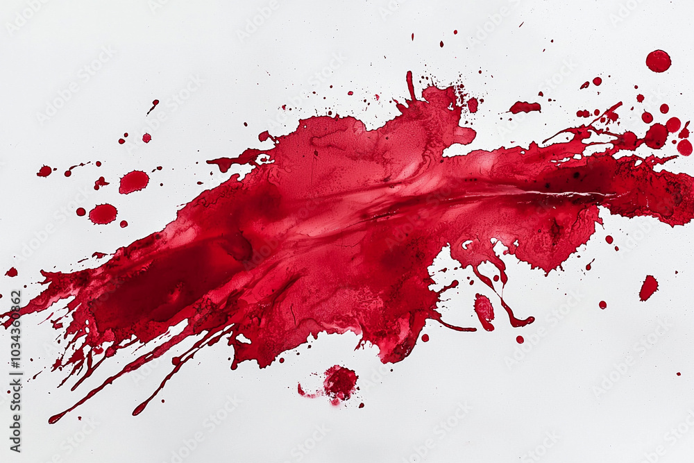 Vivid red paint splatter art on white canvas background Vivid red paint splatter art on white canvas background