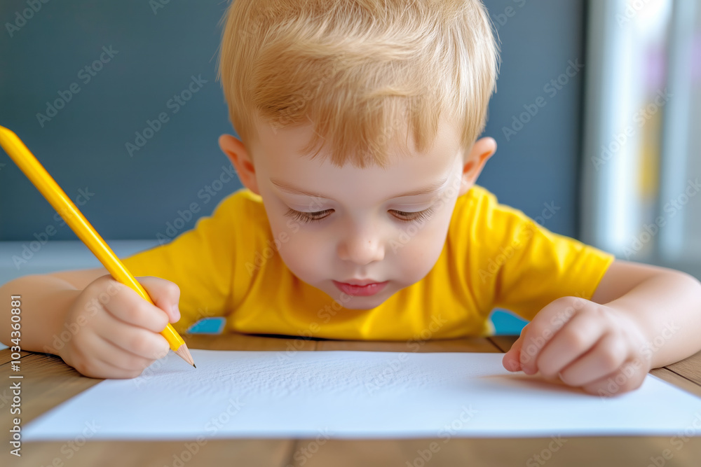 Young child engaged in creative drawing at a wooden table in a b Young child engaged in creative drawing at a wooden table in a b