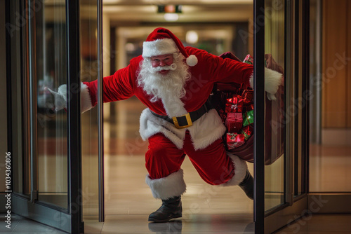 Santa Claus emerges from a building, waving cheerfully. photo