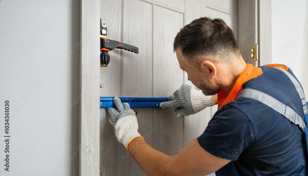 Garage Door Installation And Repair At Home. Contractor Man Garage Door Installation And Repair At Home. Contractor Man