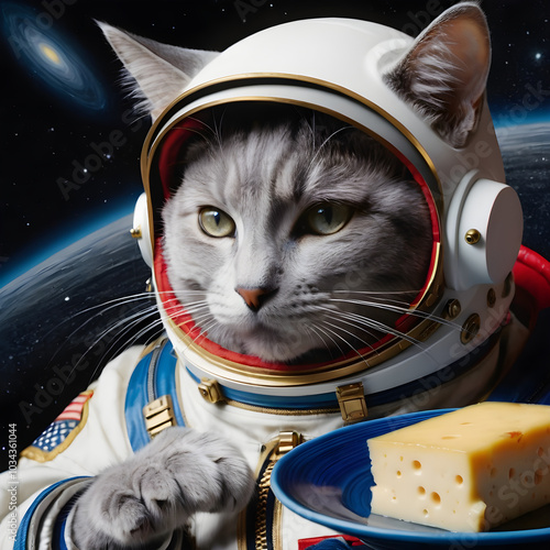 This image presents a cat in a space suit, eating cheese, a combination of realism and fantasy. The precision and scale are impeccable, capturing the delicate brushstrokes common in Japanese art. The  photo