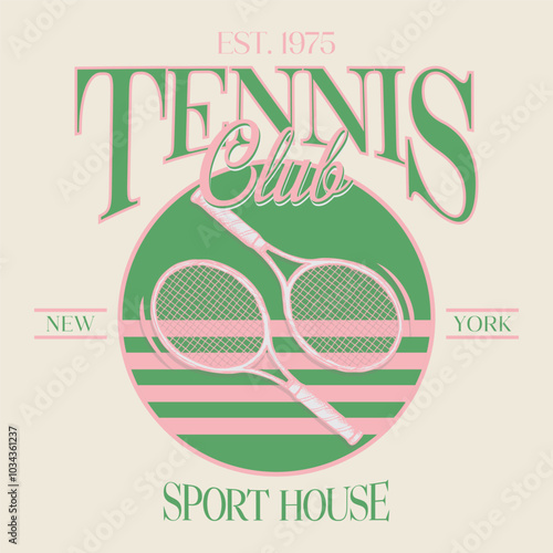 Tennis Club, Saint Louis 1954 Club, with two rackets crossed in the middle. Los Angeles tennis club t-shirt design. College-style tee shirt with tennis ball. Sports apparel print. Vector illustration