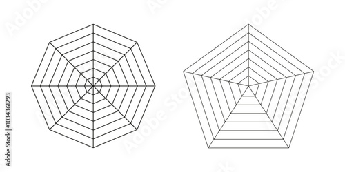 Octagon, pentagon radar, spider diagram template. Spider mesh. Diagrams for statistic and analytic. Polygon graphs. Blank radar charts. Coaching tool, lifestyle balance wheel. Segmented black grid.