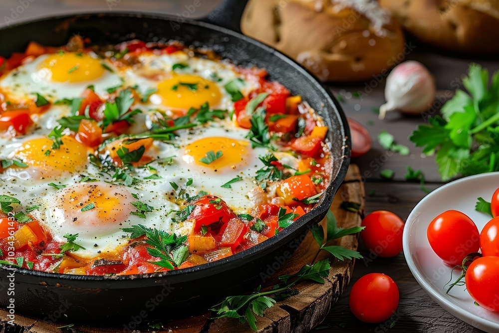 A vibrant skillet features sunny-side-up eggs nestled among red bell peppers and tomatoes, garnished with fresh herbs on a wooden table setting. A vibrant skillet features sunny-side-up eggs nestled among red bell peppers and tomatoes, garnished with fresh herbs on a wooden table setting.