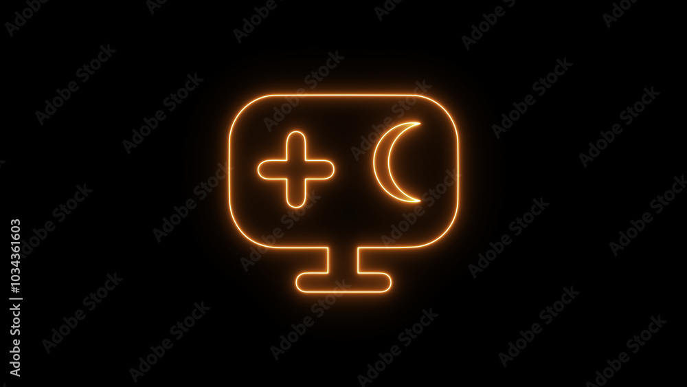 Neon Computer icon, Display Medical icon, Computer Speaker Computer monitor mute speaker. Abstract neon monitor icon on black background. Glowing neon icon on brick wall background. Neon Computer icon, Display Medical icon, Computer Speaker Computer monitor mute speaker. Abstract neon monitor icon on black background. Glowing neon icon on brick wall background.