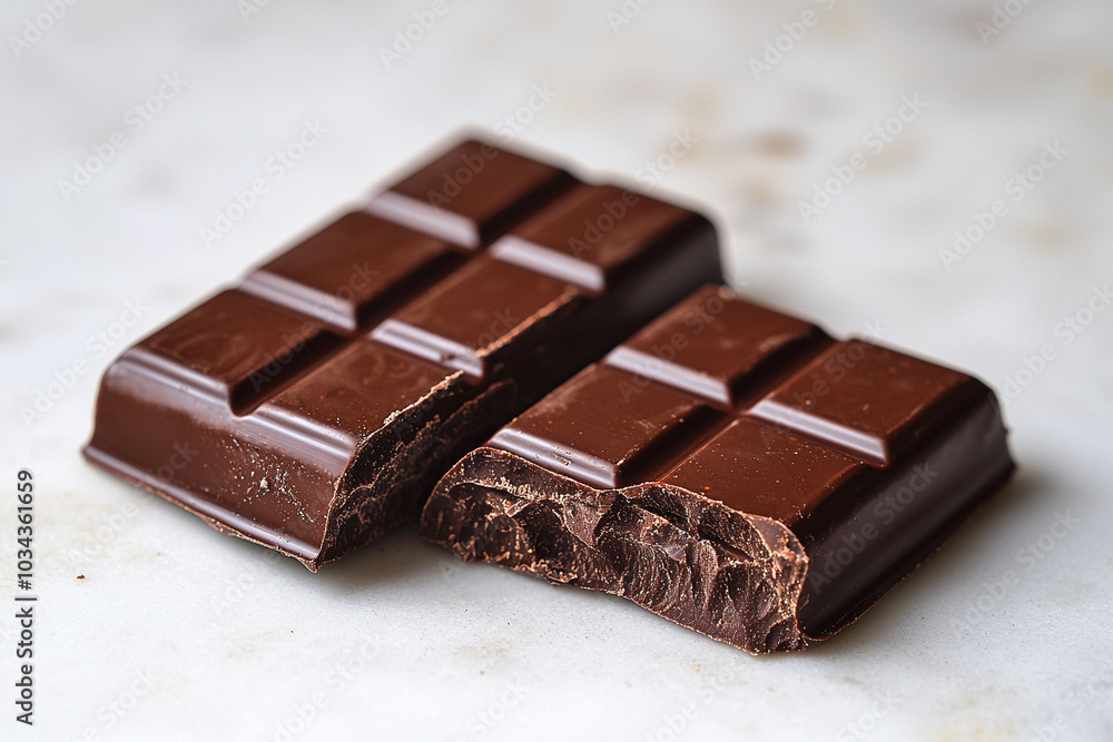 Delicious dark chocolate bar broken into two pieces on marble Delicious dark chocolate bar broken into two pieces on marble