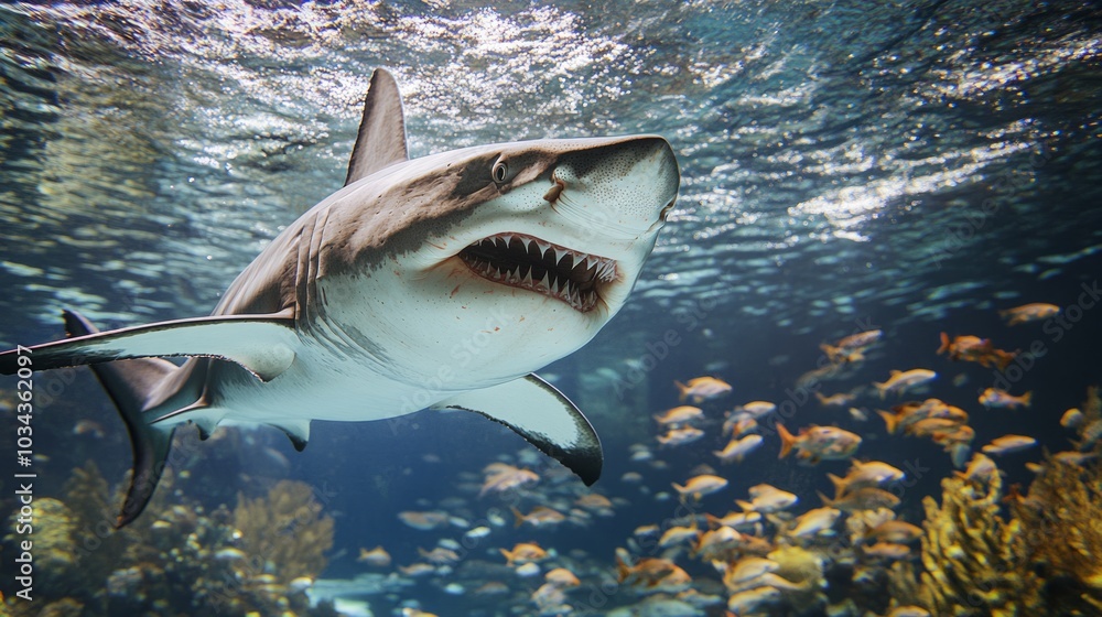Naklejka premium A great white shark swims through a coral reef, its sharp teeth visible.