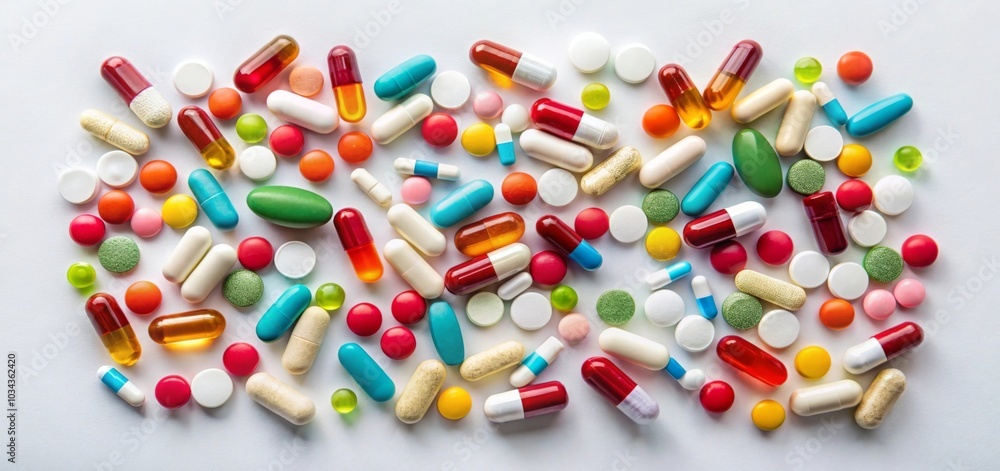 Colorful pills and tablets scattered on a white background, varied in size and color without a specific arrangement. Colorful pills and tablets scattered on a white background, varied in size and color without a specific arrangement.