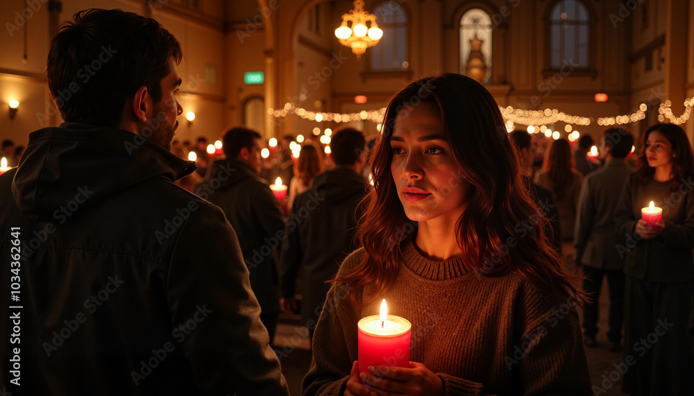 Crowd holding candles during a Christmas celebration in a church with warm ambiance Crowd holding candles during a Christmas celebration in a church with warm ambiance