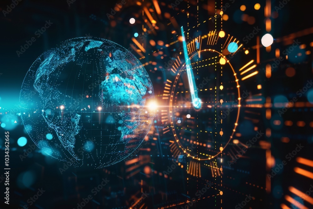 Fototapeta premium A vibrant depiction showcases a glowing Earth surrounded by digital elements and a futuristic clock, illustrating the interaction of technology and global communication.