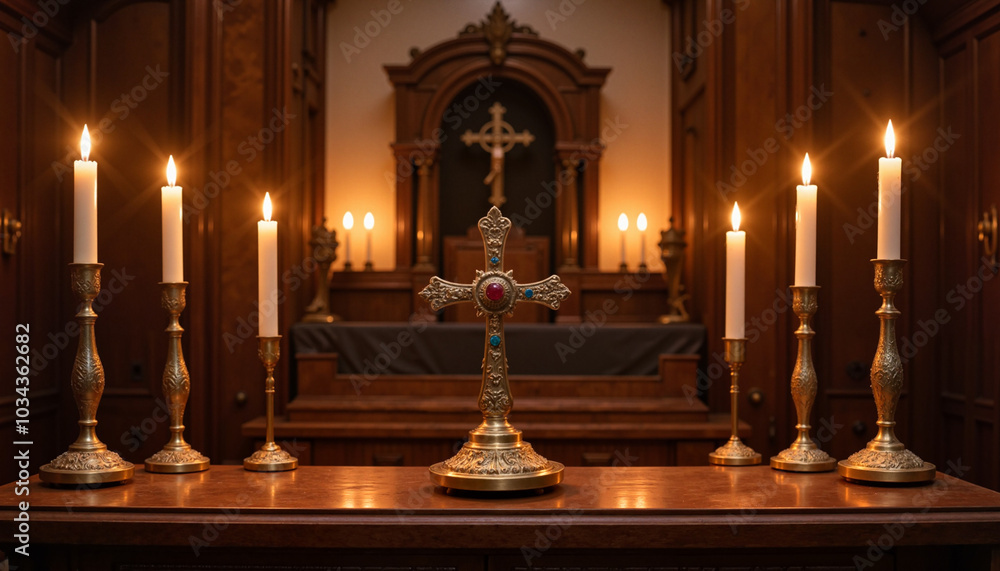Decorated altar with a cross and candles during a Christmas service in a church Decorated altar with a cross and candles during a Christmas service in a church