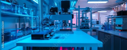 Blue lab with a large machine and shelves.