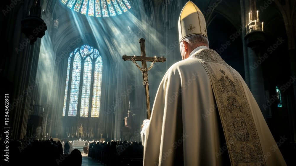 Naklejka premium Roman bishop in cathedral, leading worship service
