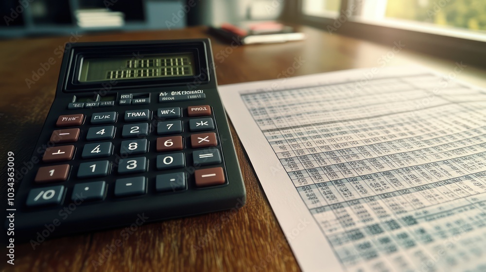financial spreadsheet printed out and placed beside calculator on an office desk financial spreadsheet printed out and placed beside calculator on an office desk