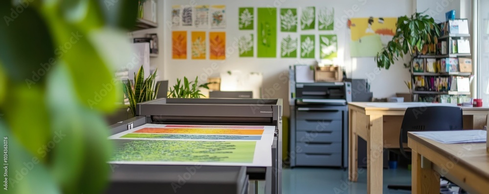 Office printer, colored printouts, shelves, and a plant. Office printer, colored printouts, shelves, and a plant.