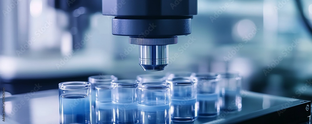 A laboratory machine dispensing liquid into vials. A laboratory machine dispensing liquid into vials.