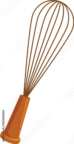 Cartoon illustration of a wire whisk with a wooden handle, ideal for mixing ingredients while cooking
