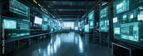 Futuristic hallway lined with glowing screens.