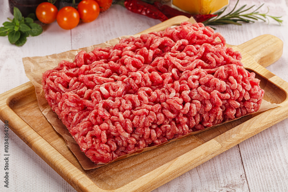 Raw minced beef meat over board Raw minced beef meat over board