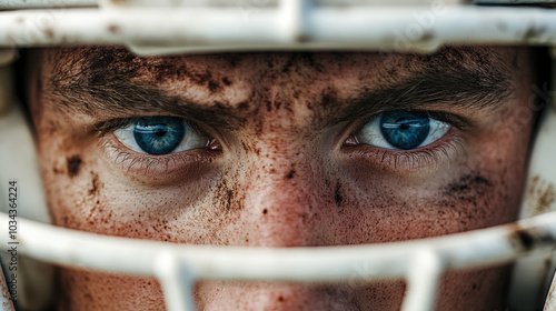 Intense Close-Up of Football Player's Eyes Through Helmet. photo