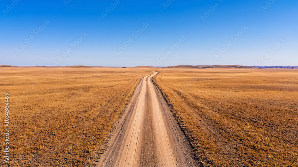 Fototapeta premium Long, straight dirt road stretching into the horizon, cutting through a vast desert landscape under a clear blue sky.