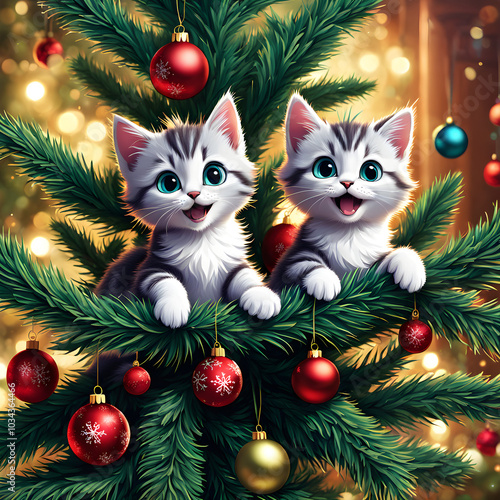 christmas tree and kittens