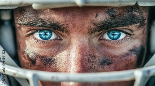 Intense Close-Up of Football Player's Eyes Through Helmet. photo