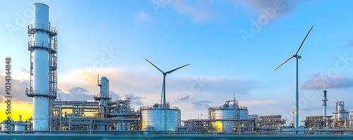 Biofuel processing plant with wind turbines in background, renewable energy photo