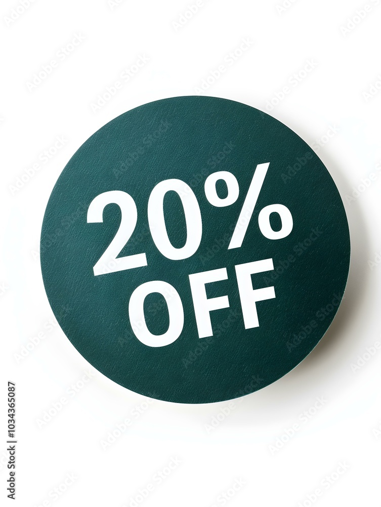 White '20% OFF' Text on a Green Round Paper Note. White Background White '20% OFF' Text on a Green Round Paper Note. White Background