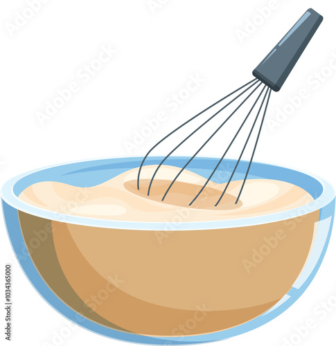 Metal whisk is mixing batter in a glass bowl for baking a cake