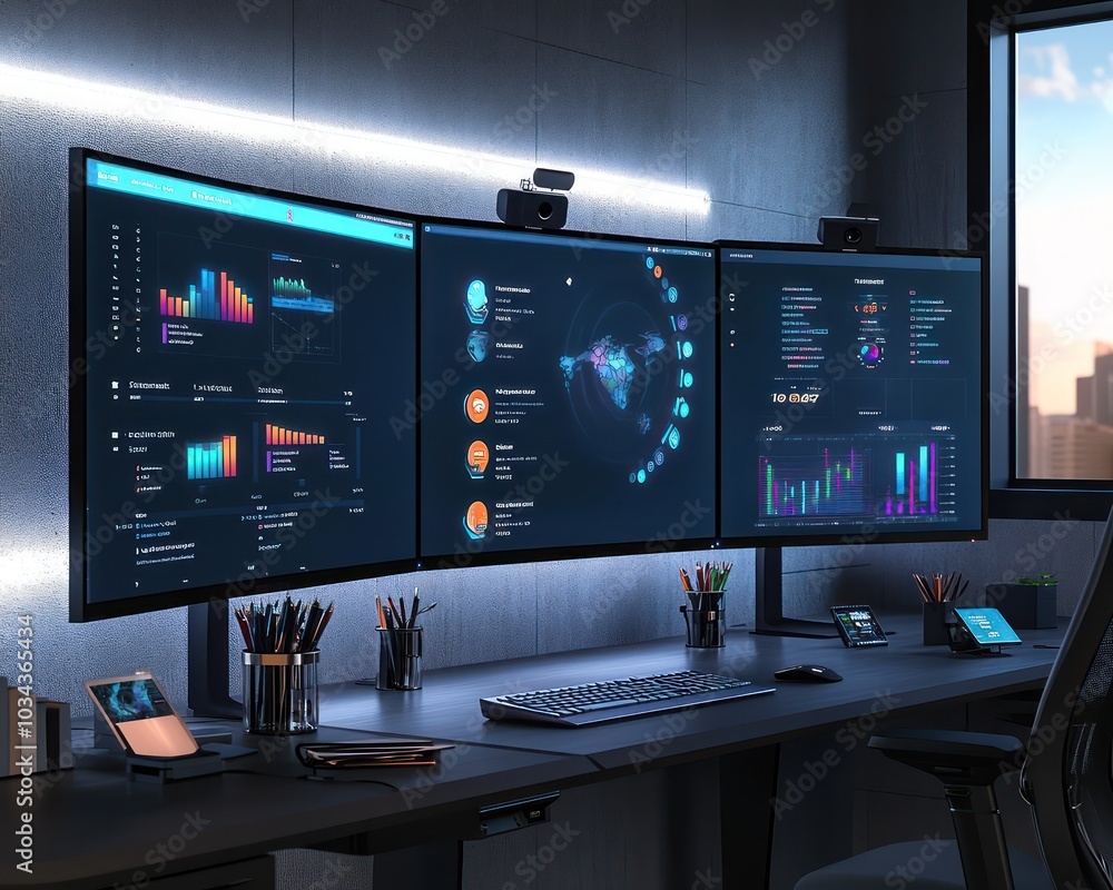 office environment with dual monitors ergonomic accessories and a large interactive display for presentations office environment with dual monitors ergonomic accessories and a large interactive display for presentations