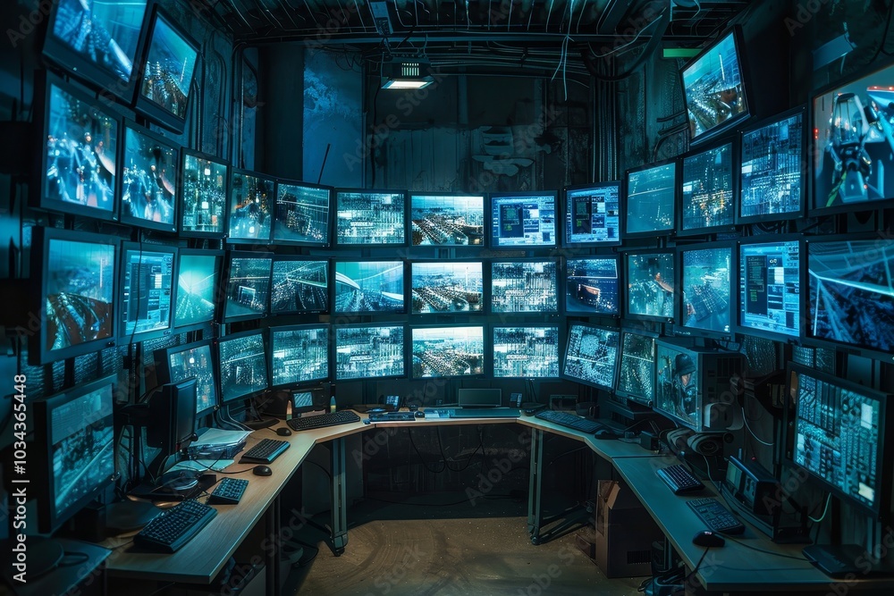 Surveillance Control Room Example Multiple large screens line the walls of a modern control room ...