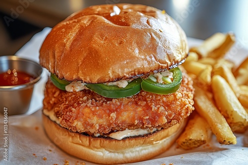 Crispy Fried Chicken Sandwich with Jalapenos and French Fries photo