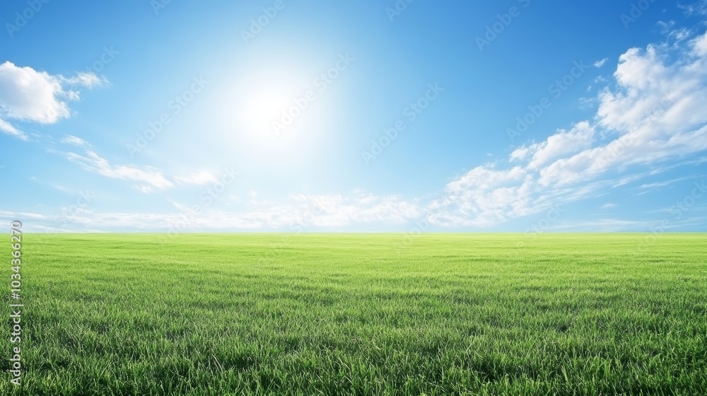 Idyllic green field under a blue sky with fluffy white clouds, serene landscape photograph Idyllic green field under a blue sky with fluffy white clouds, serene landscape photograph