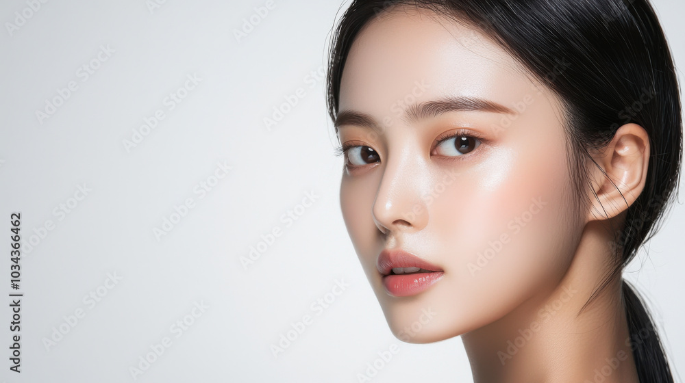 Fototapeta premium Portrait of a woman showcasing glowing skin with natural makeup under soft lighting in a studio setting