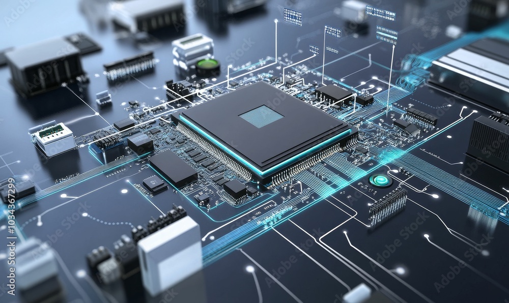 Circuit board with processor and glowing lines. Circuit board with processor and glowing lines.