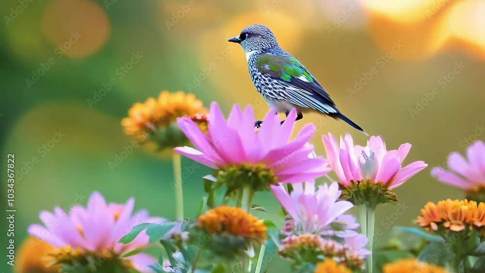A colorful bird perches on vibrant flowers in a dreamy garden, with its bright feathers shimmering softly in the gentle light A colorful bird perches on vibrant flowers in a dreamy garden, with its bright feathers shimmering softly in the gentle light