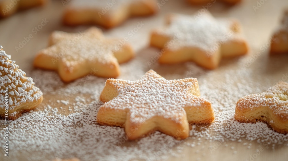 Homemade star-shaped cookies dusted with powdered sugar on wooden table, festive holiday treats for merry christmas and happy new year. ai Homemade star-shaped cookies dusted with powdered sugar on wooden table, festive holiday treats for merry christmas and happy new year. ai