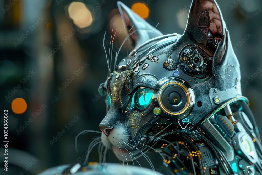 Fototapeta premium A mechanical cat stands proudly, showcasing intricate designs and glowing eyes, set in a sleek, modern environment filled with advanced technology.