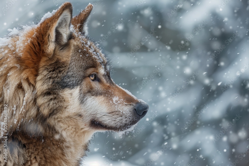 Obraz premium A solitary wolf is captured in a snowy landscape, its thick fur dusted with flakes. The animal gazes intently, embodying the beauty of winter in a serene forest setting.