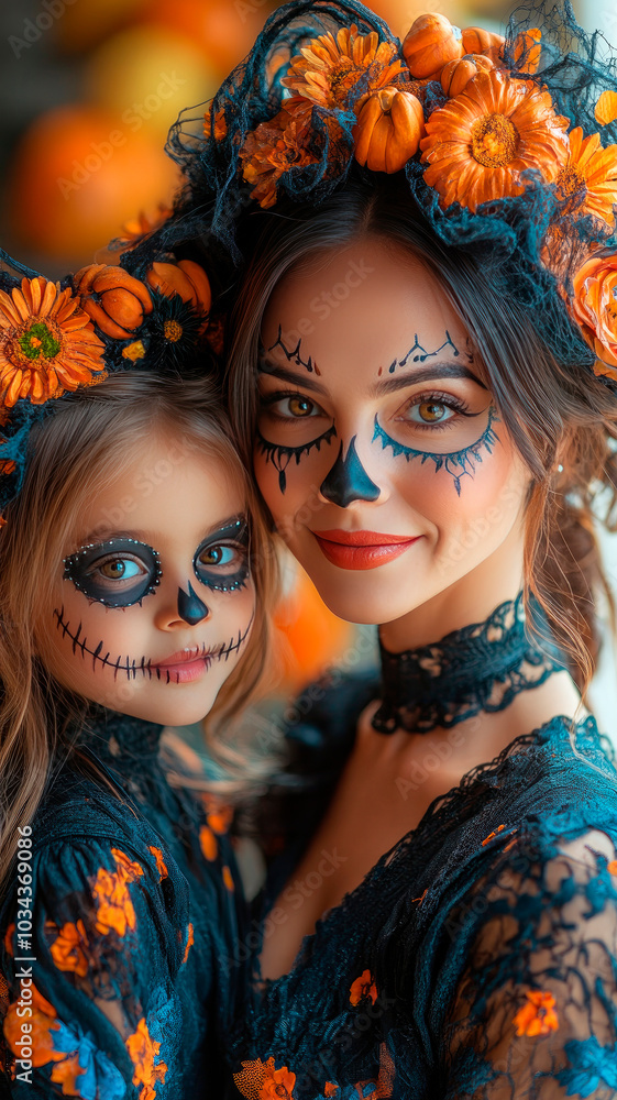 Obraz premium Portrait mum and daughter with Catrina make up look at camera, on yellow background.