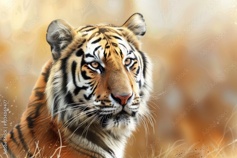 A majestic tiger sits calmly, looking intently with its striking eyes amidst soft, golden foliage under the warm afternoon light. A majestic tiger sits calmly, looking intently with its striking eyes amidst soft, golden foliage under the warm afternoon light.