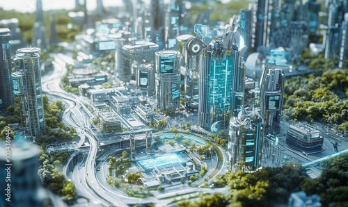 Futuristic cityscape with glowing digital displays.