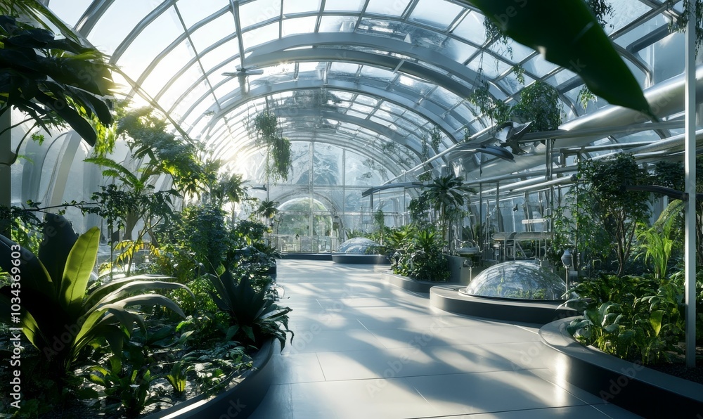 Green plants inside a glass greenhouse. Green plants inside a glass greenhouse.