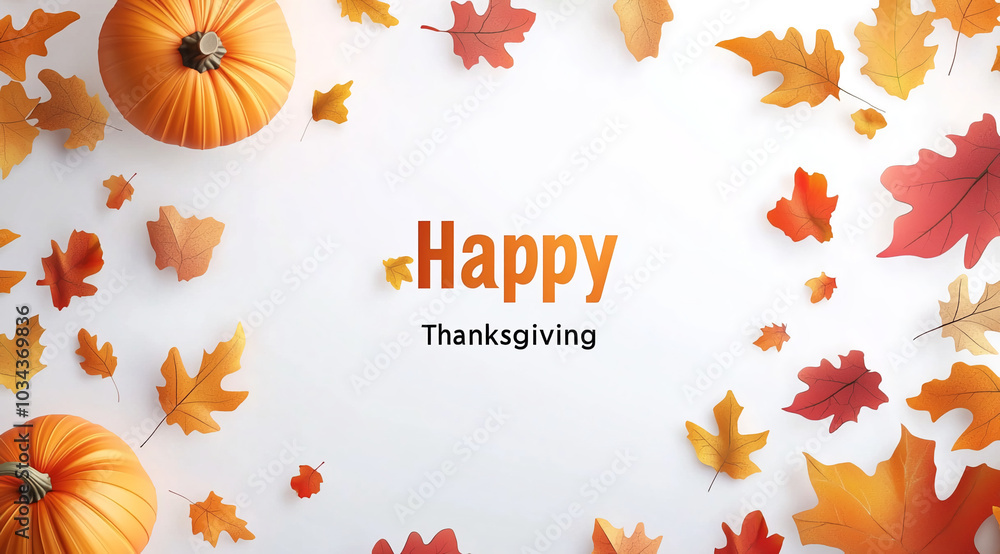 Fototapeta premium Happy Thanksgiving with two pumpkins and autumn leaves on a white background 